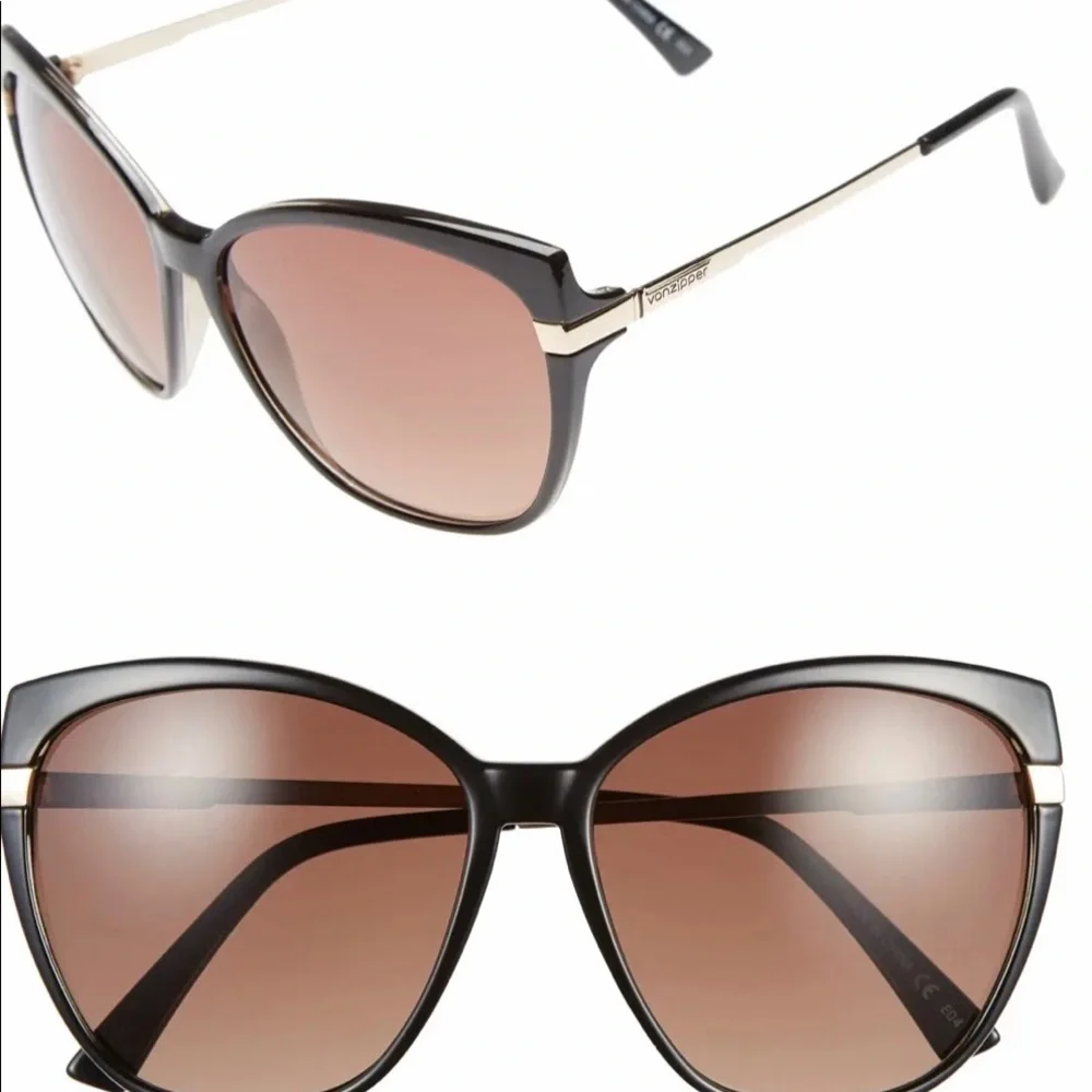 Von Zipper ‘Begonia’ black frame, yellow metal hinges oversized sunglass…